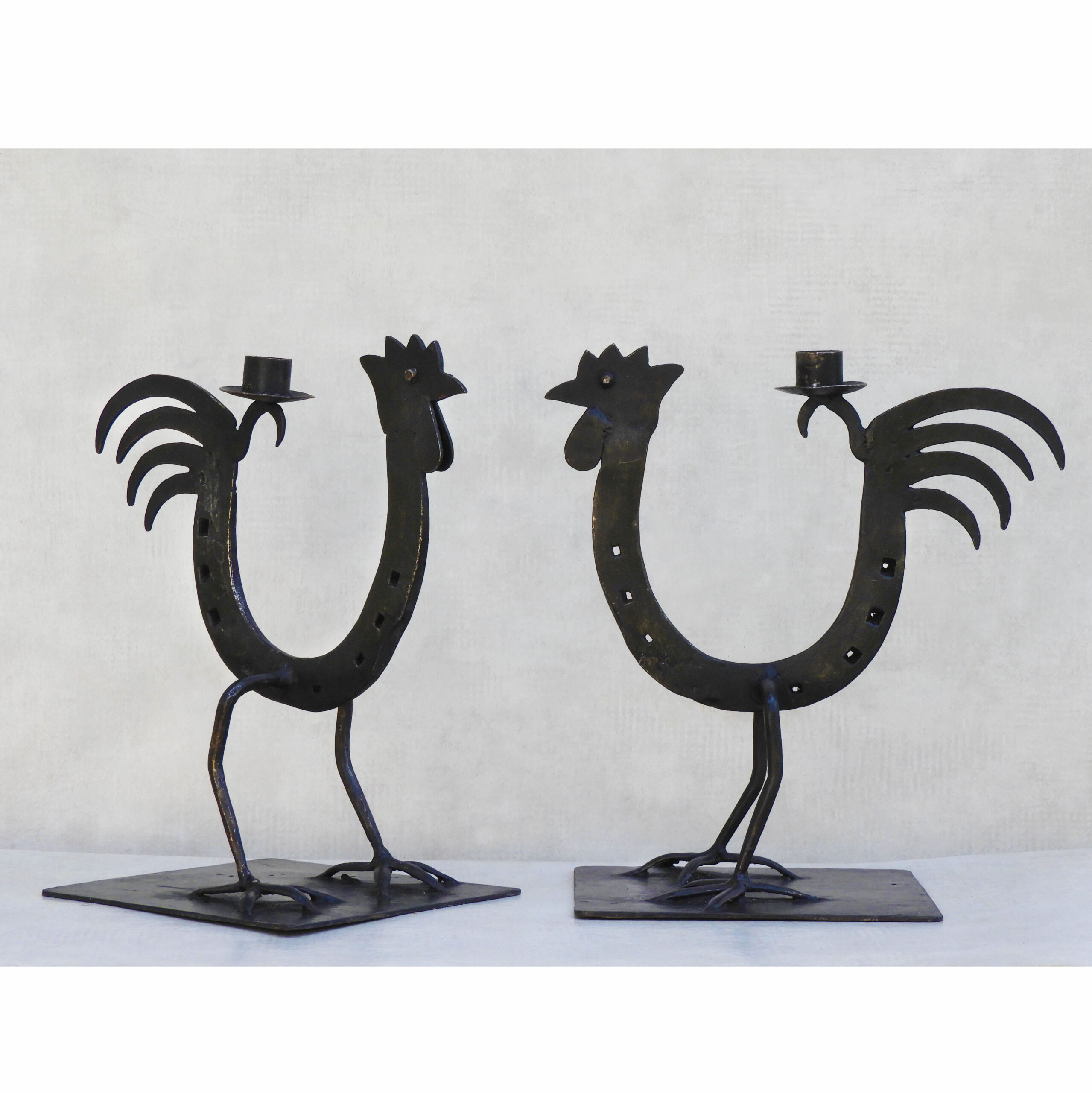 Pair of French Mid Century Folk Art Iron Cockerel/Rooster Candlesticks C1970s