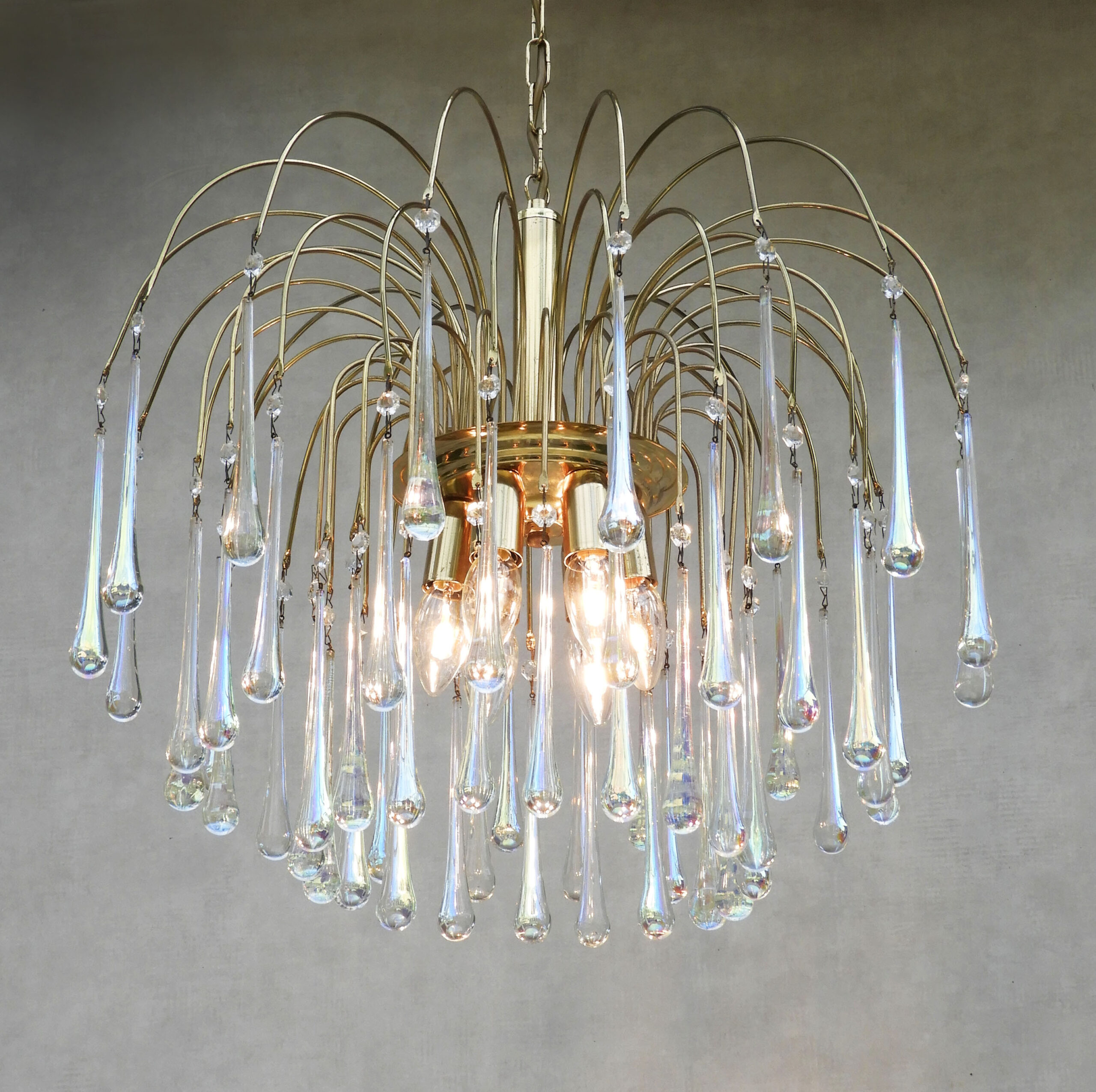 Venini Style 6-Light Irridescent Murano Crystal Waterfall Chandelier, 70s Italy