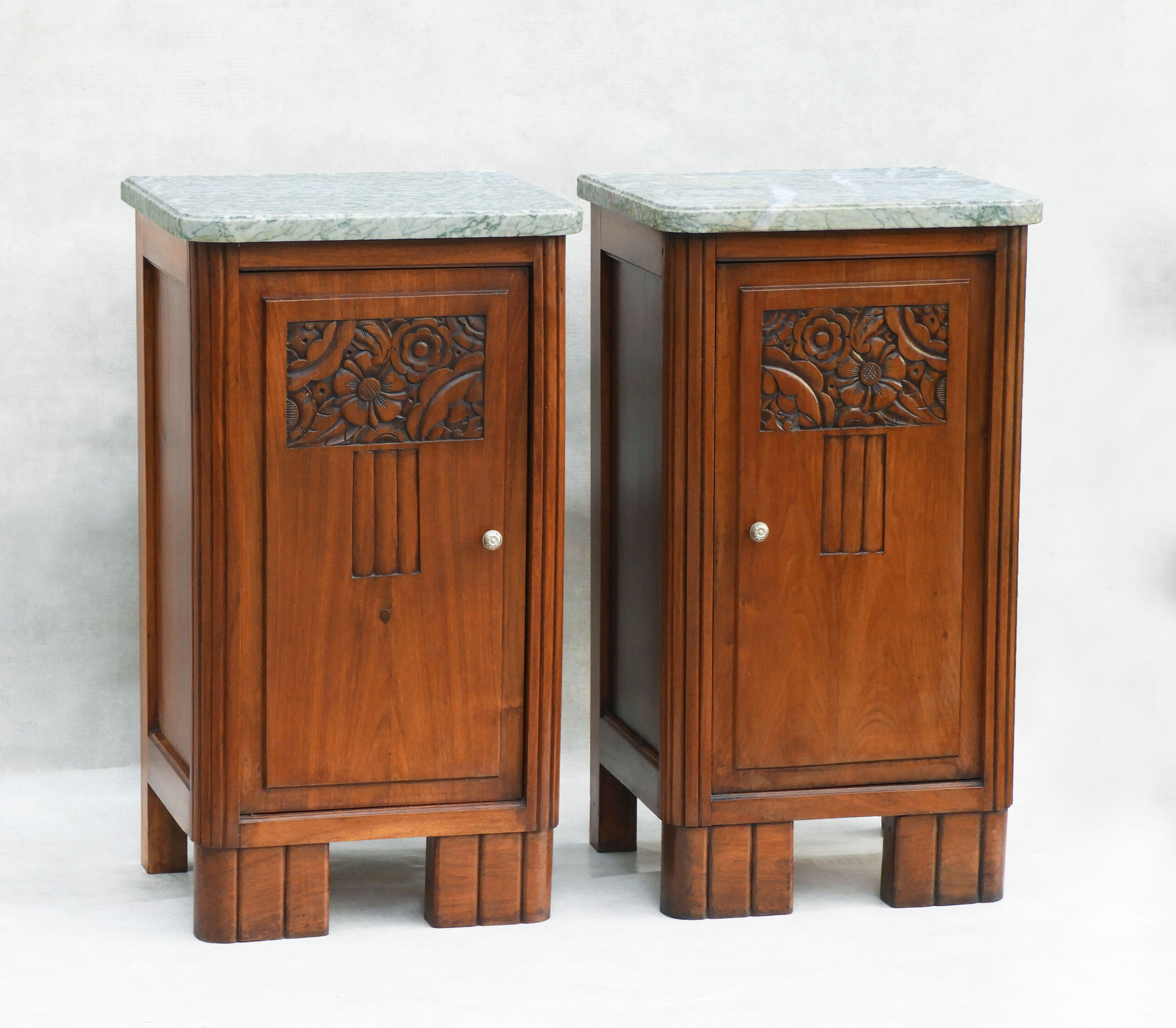 Pair of French Art Deco Nightstands or Bedside Cabinets in Oak and Marble, C1930