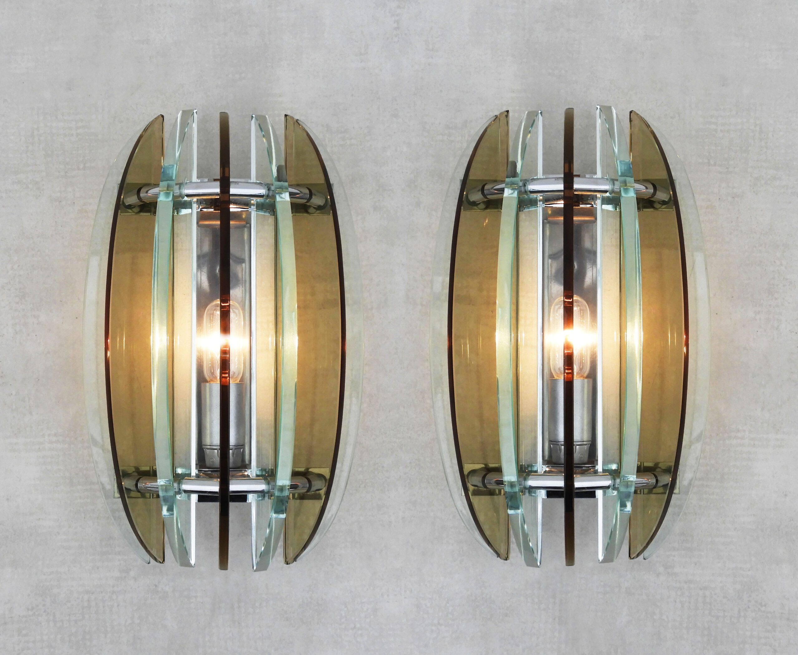 Pair of Veca Glass Wall Light Sconces Mid Century, Italy, C1970