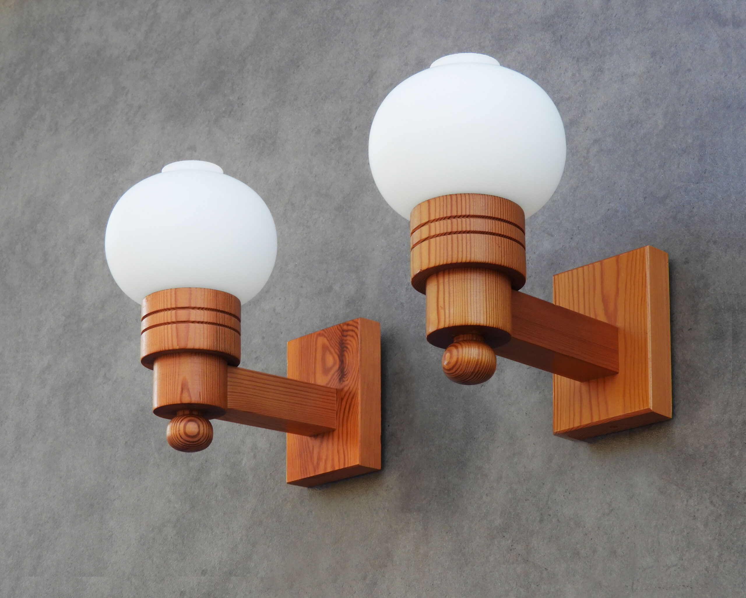 Pair of Swedish Modern Pine and Opaline Glass Wall Sconces, Aneta C1970