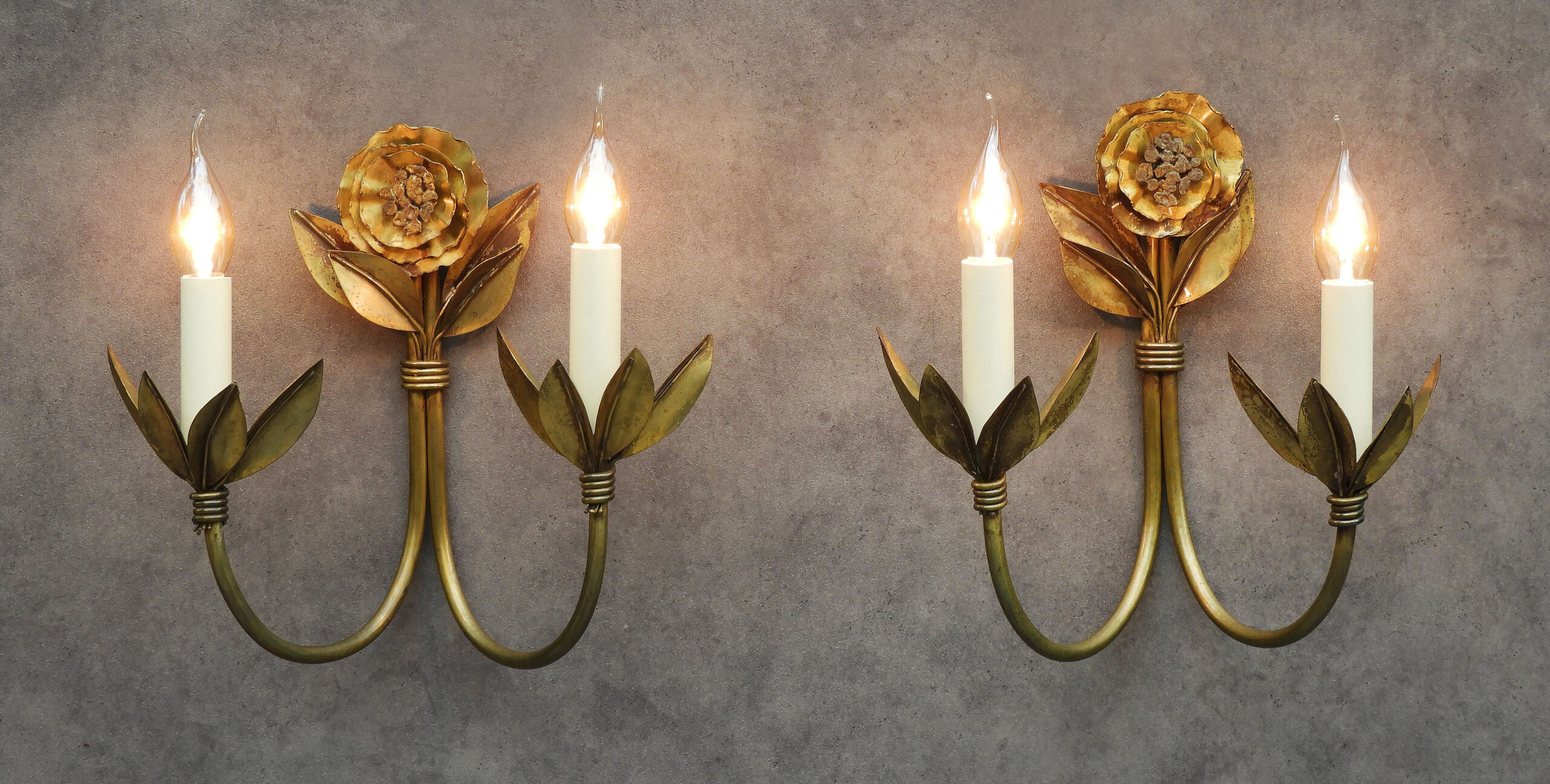 Pair of French Brutalist Style Floral Wall Lights, c.1980s