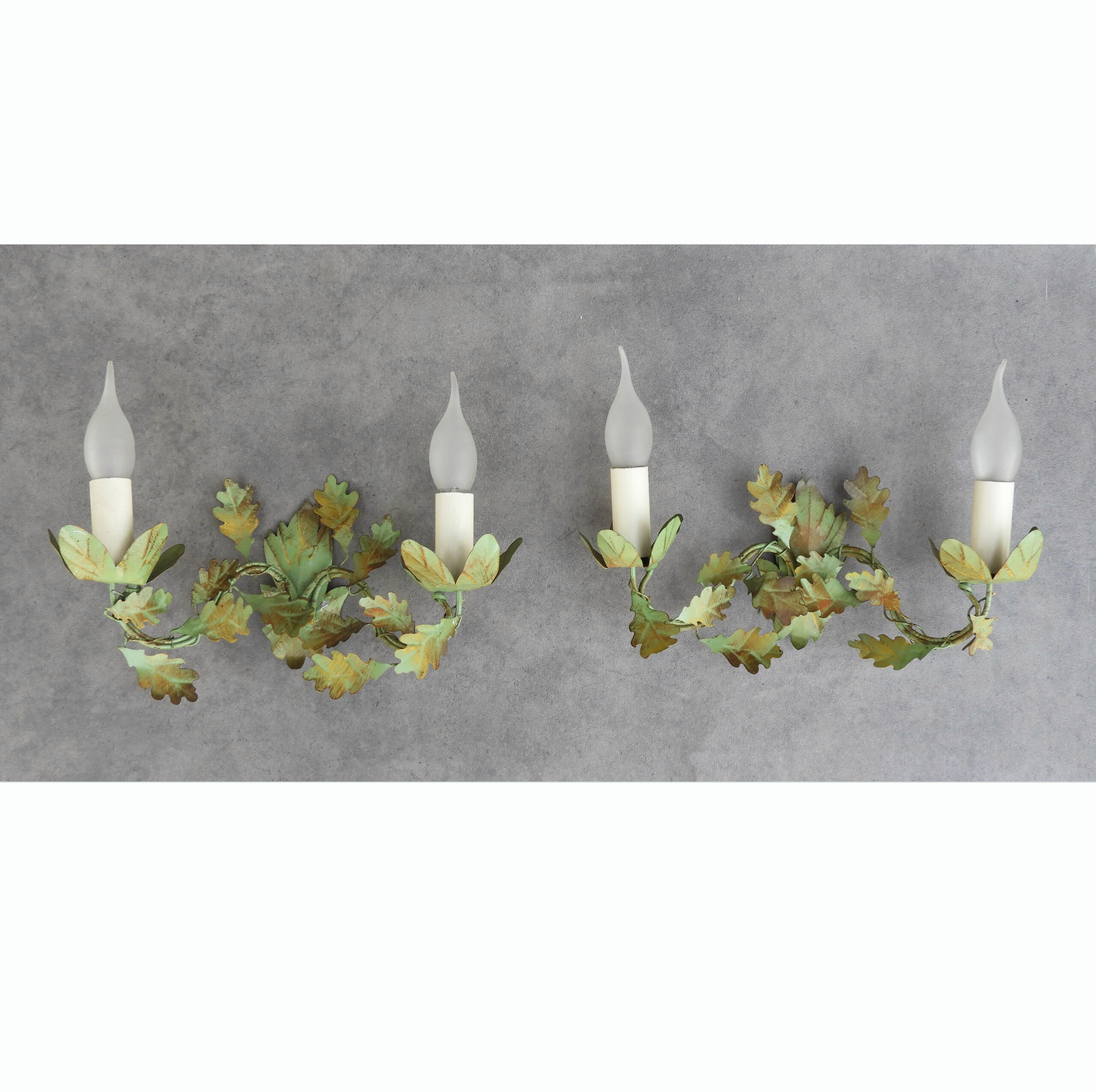 Pair of Vintage French Painted Tôleware Oak-Leaf Wall Light Sconces, c1970