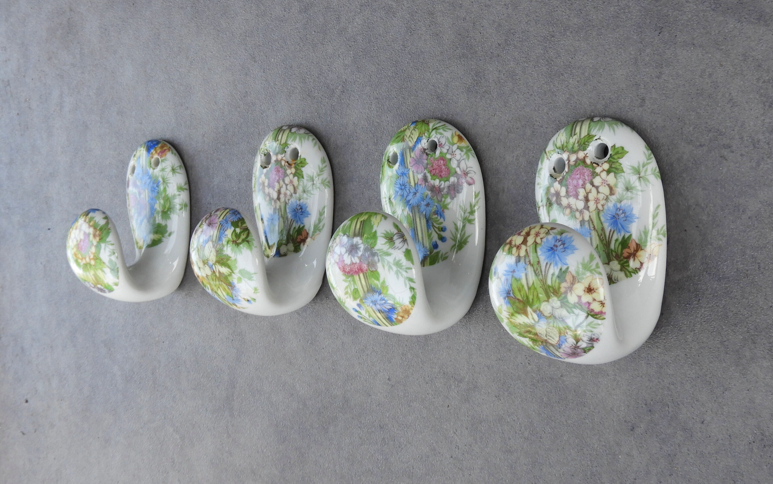 Set of French Porcelain Floral Wall Hooks, Porcelaine de Paris, Mid Century